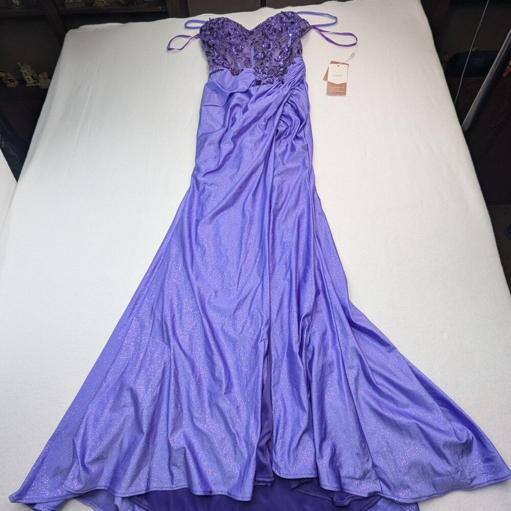Stacees Purple Sparkle Dress with Floral Sequin Bodice - Size 2